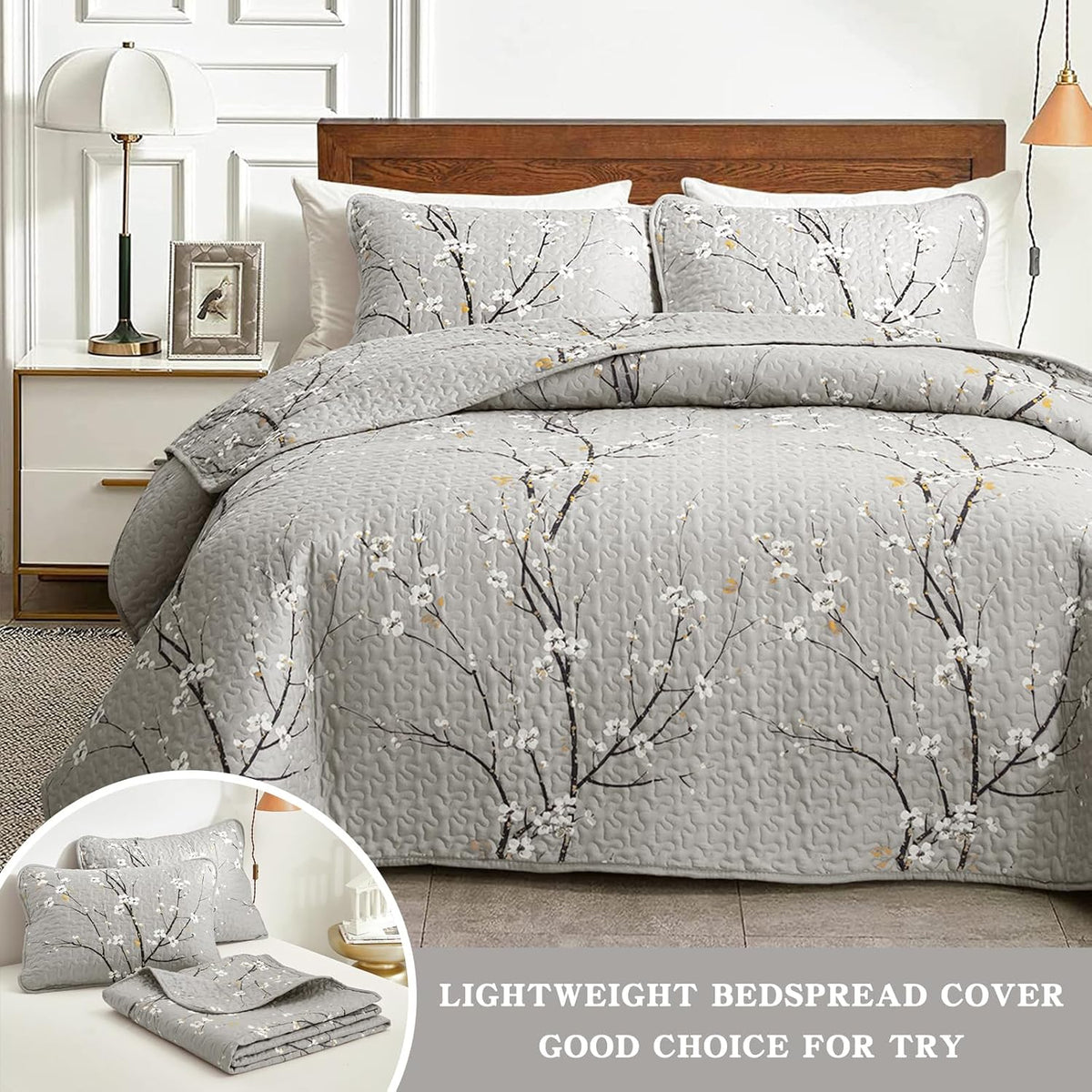 3 Piece Reversible Quilt Set Gray Branch with White Orange Floral King Size 102x88 Soft Microfiber Lightweight Coverlet Bedspread Summer Comforter Set Bed Cover for All Season (1 Quilt+ 2 Shams)