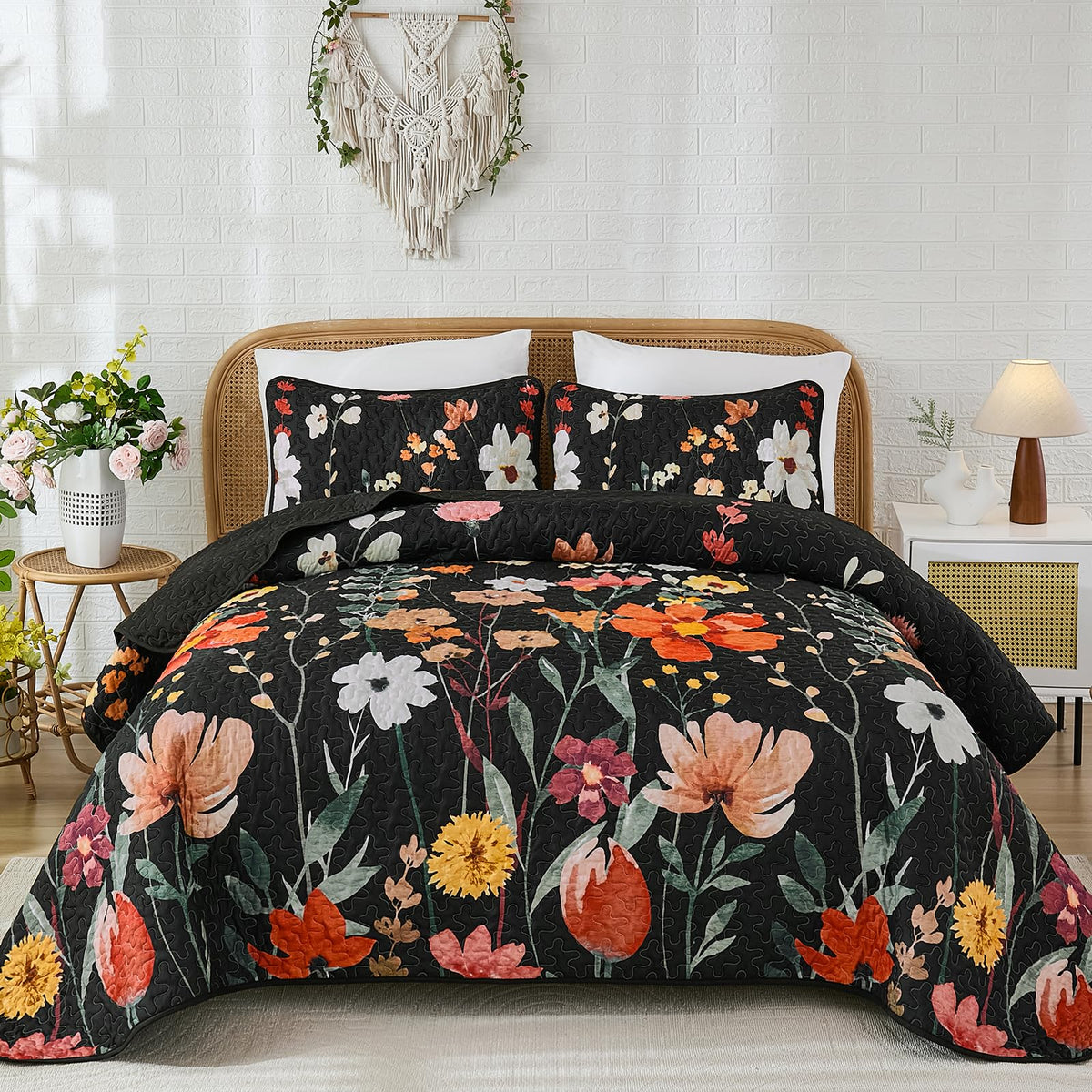 Anibedding Floral Quilt Set King, 3 Pieces Yellow Lightweight Bedspread