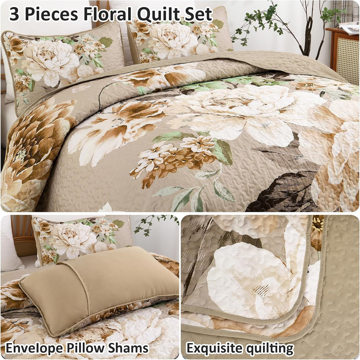 WONGS BEDDING Fall Quilt King Size, 3 Pcs Taupe Floral Bedspread Bedding