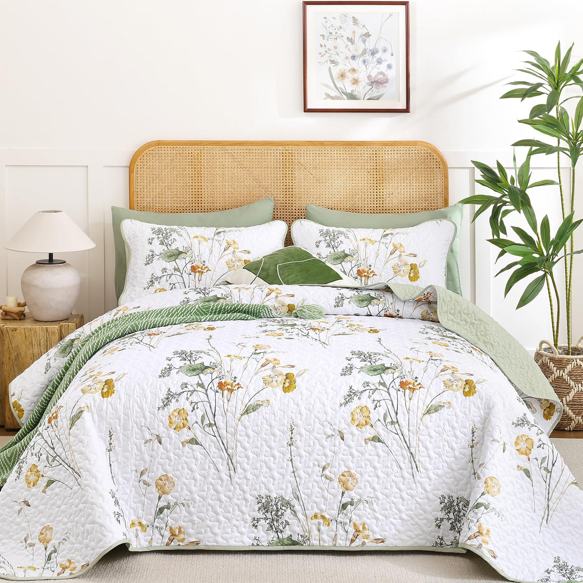 WONGS BEDDING Floral Blue Quilt Set King, 3Pcs Botanical Bedding Set