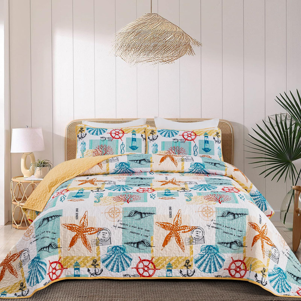 DJY Ocean Coastal Quilt Queen Size, 3 Pcs Sea Turtle Theme Bedspread Set