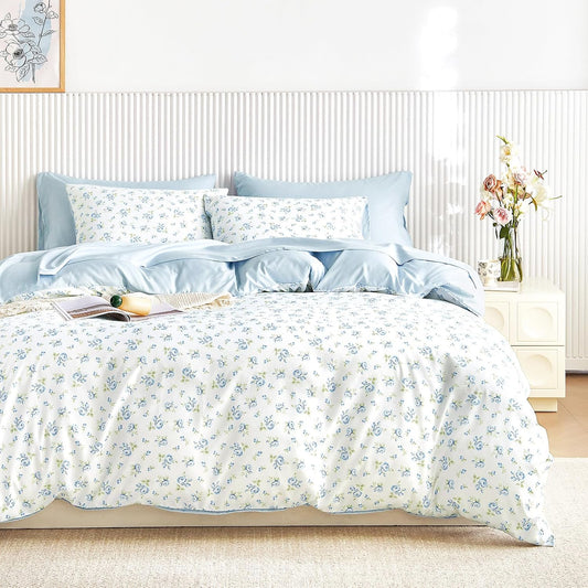 Wake In Cloud - Coquette Duvet Cover Set, Floral Cottagecore Flower Shabby Chic Cute Aesthetic, Soft Lightweight Bedding for Women Teen Girls, 3-Piece, White Blue, Full Size