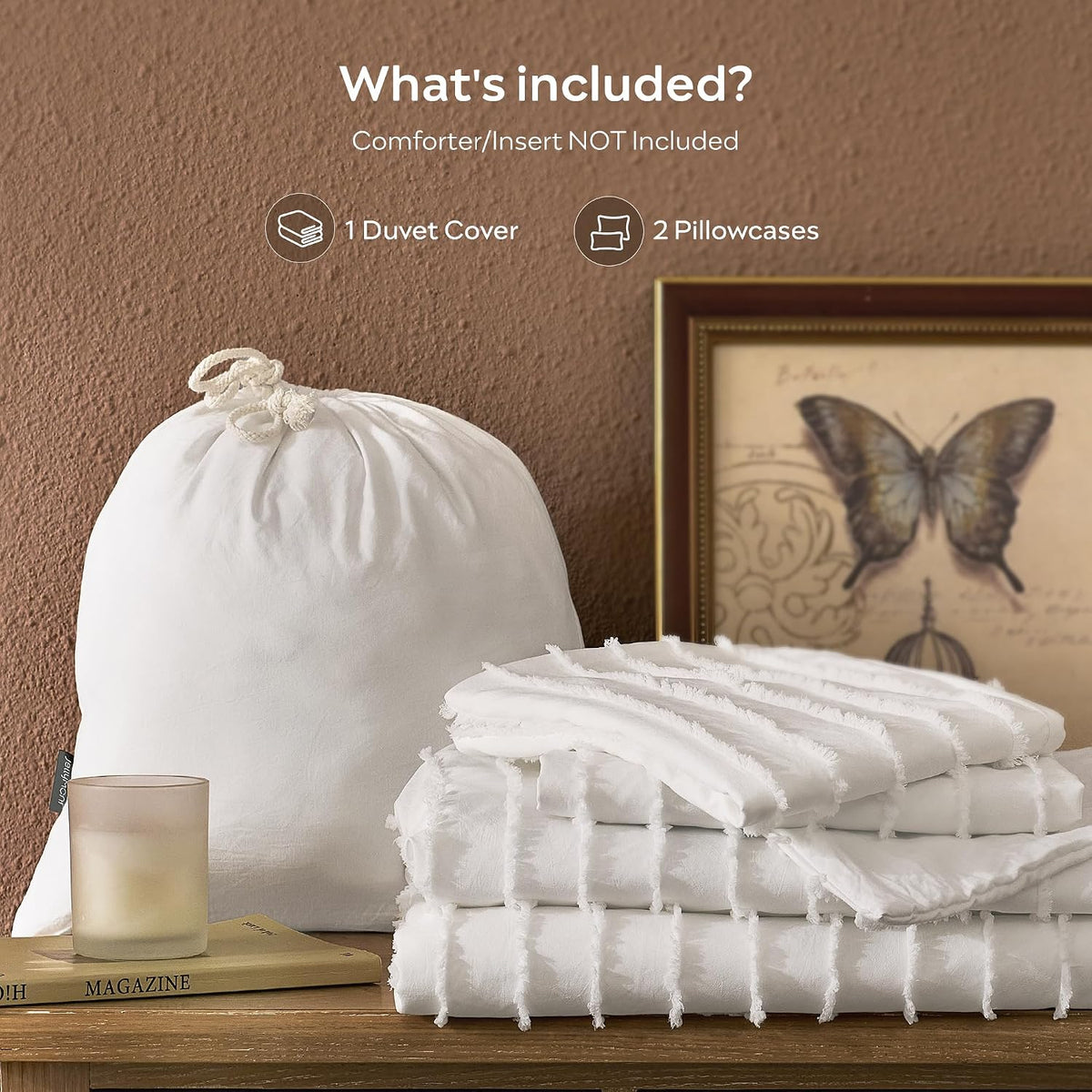 JELLYMONI White Striped Tufted Duvet Cover Set Queen Size