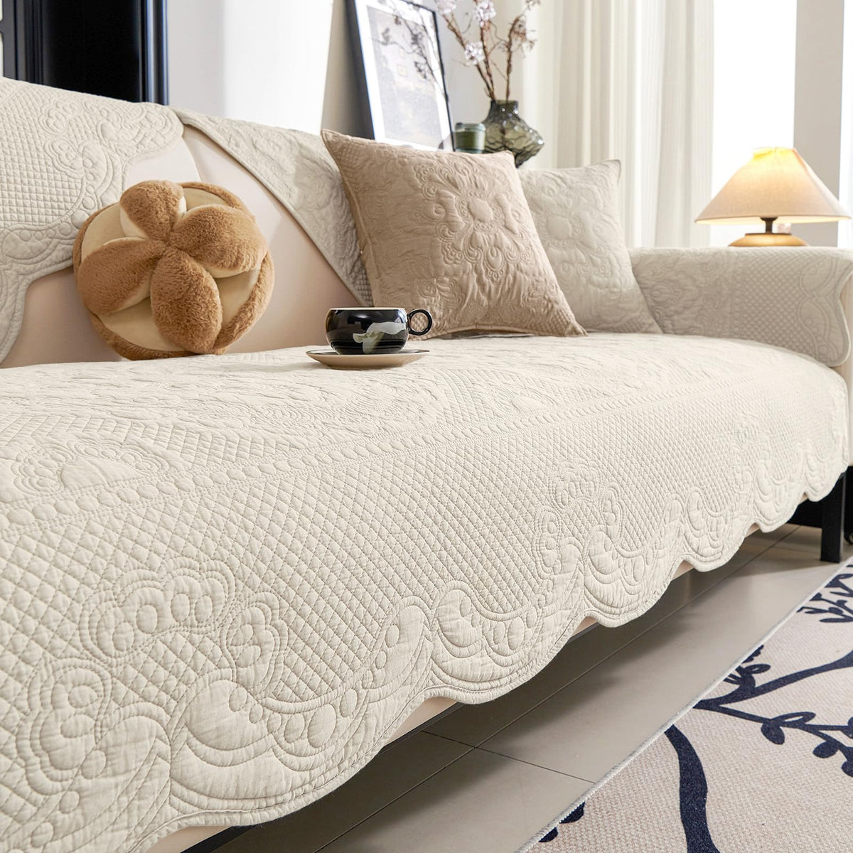 vctops Boho Cotton Quilted Couch Cover Soft Embroidered Sofa Cover Non-Slip Dog Bed Cover Scalloped Sofa Slipcover Washable Furniture Protector Cover (Khaki,28"x28")