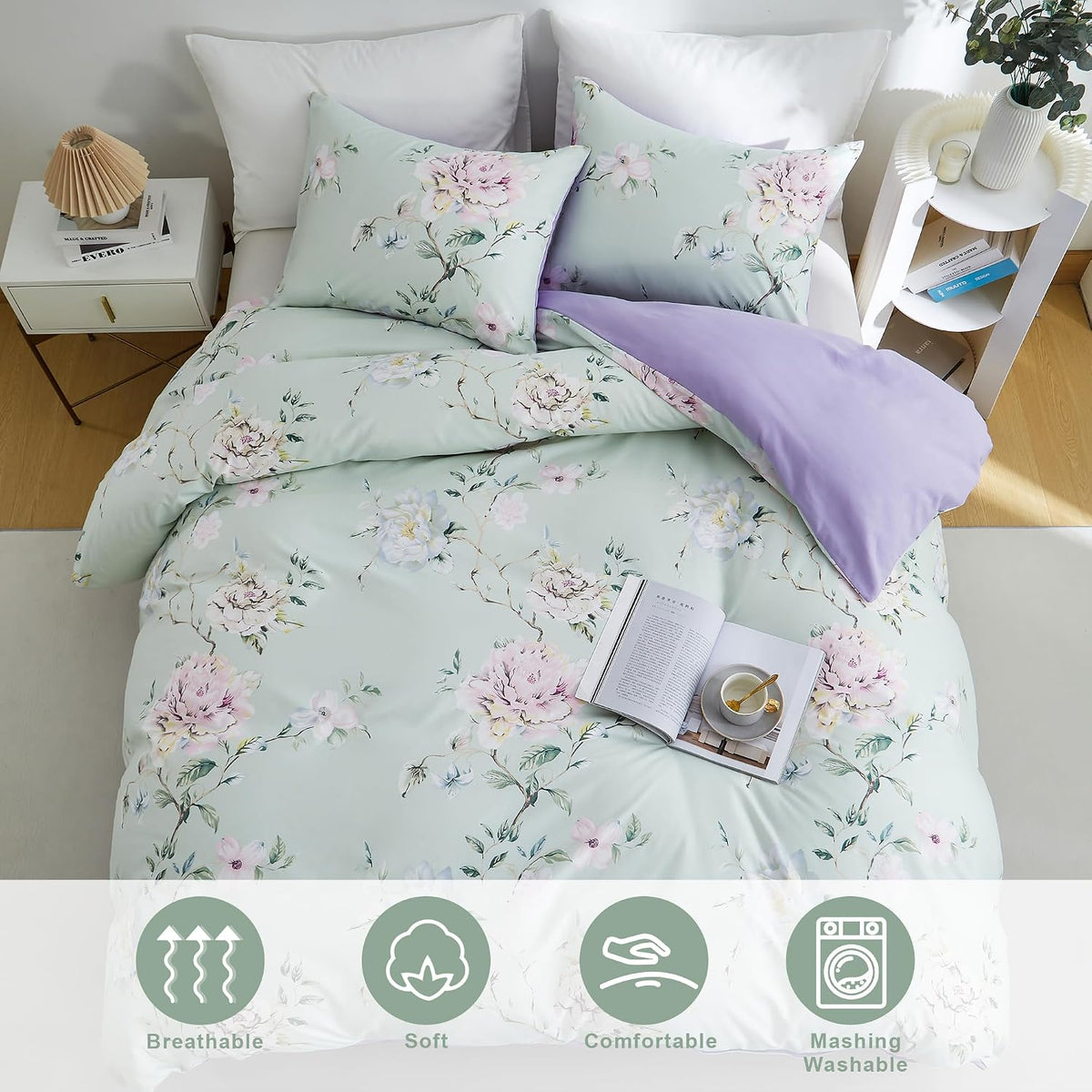 BOLINLIVINGFloral Duvet Cover Set Queen Size, 3Pcs Bedding Set,Green&Purple