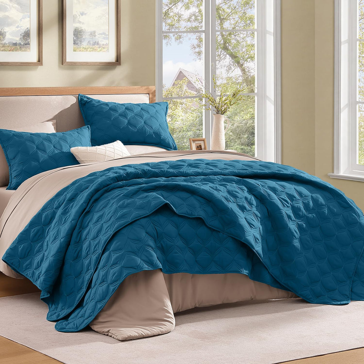 Litanika King Quilt Bedding Set, 3 Pieces Teal Blue Bedspreads Set