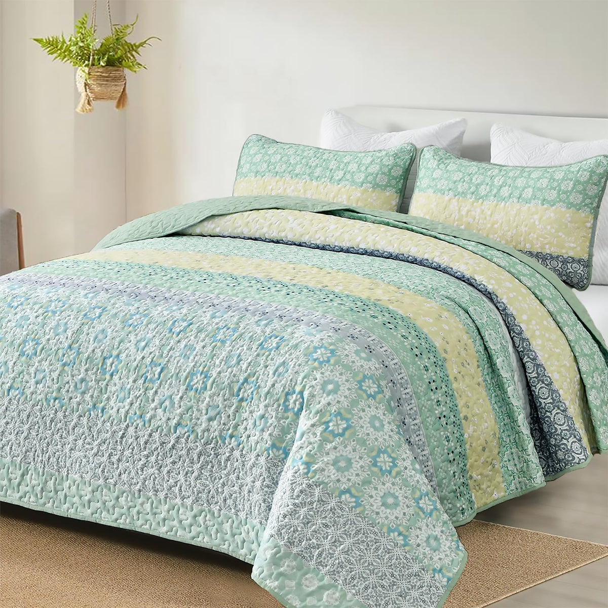 WONGS BEDDING Boho Quilt Set Queen，3 Pcs Yellow Floral Striped Bedspread