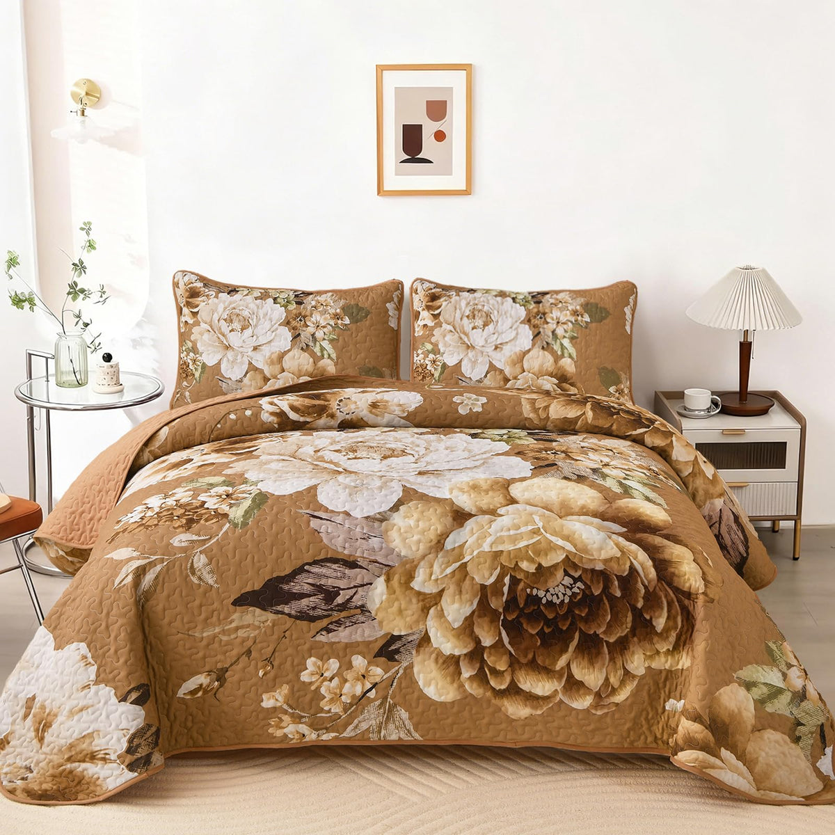 WONGS BEDDING Fall Quilt King Size, 3 Pcs Taupe Floral Bedspread Bedding