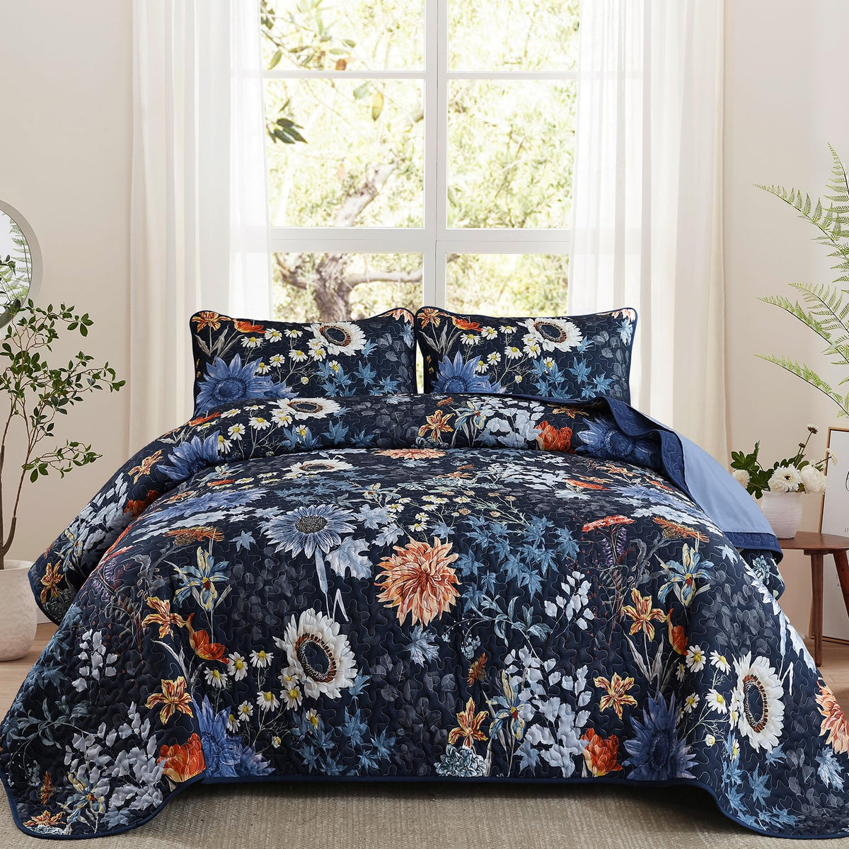 Yiran Beige Floral Quilt King Size, Sunflower Bedspreads Bedding Set