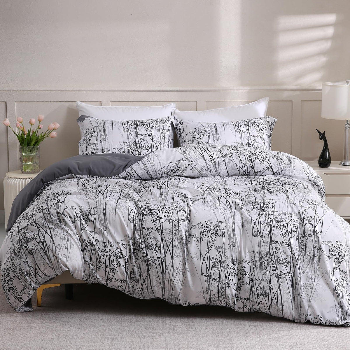 LONAVA Queen Floral 3 Pcs Duvet Cover Set, Breathable Soft Microfiber Glass Green Lining Comforter Cover with Zipper Closure, and 2 Anti-Pilling, Fade Resistant Pillowcases, Fall Floral