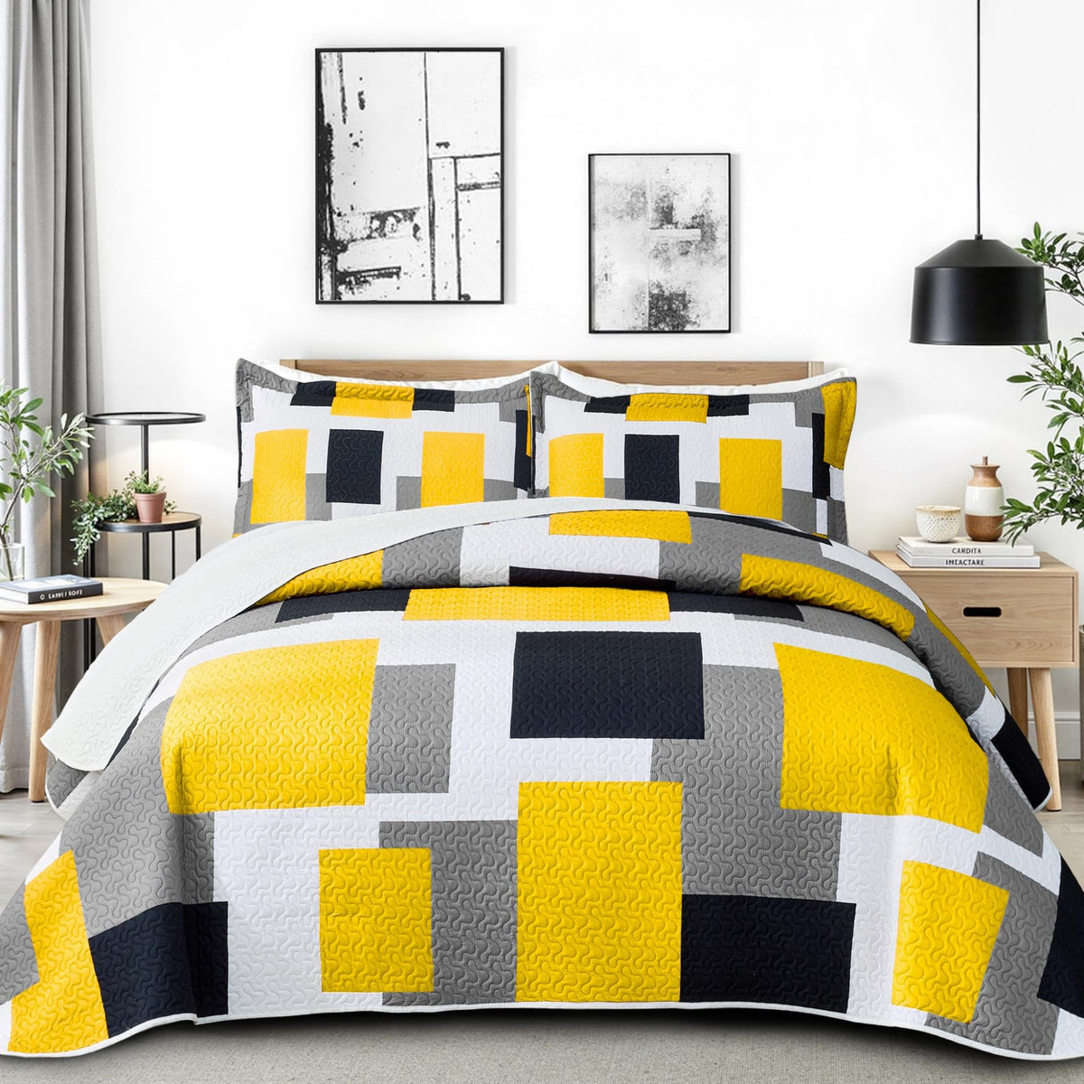 Tyrot 3 Piece Black Grey Quilt Full/Queen Size Black White Gray Bedding Set