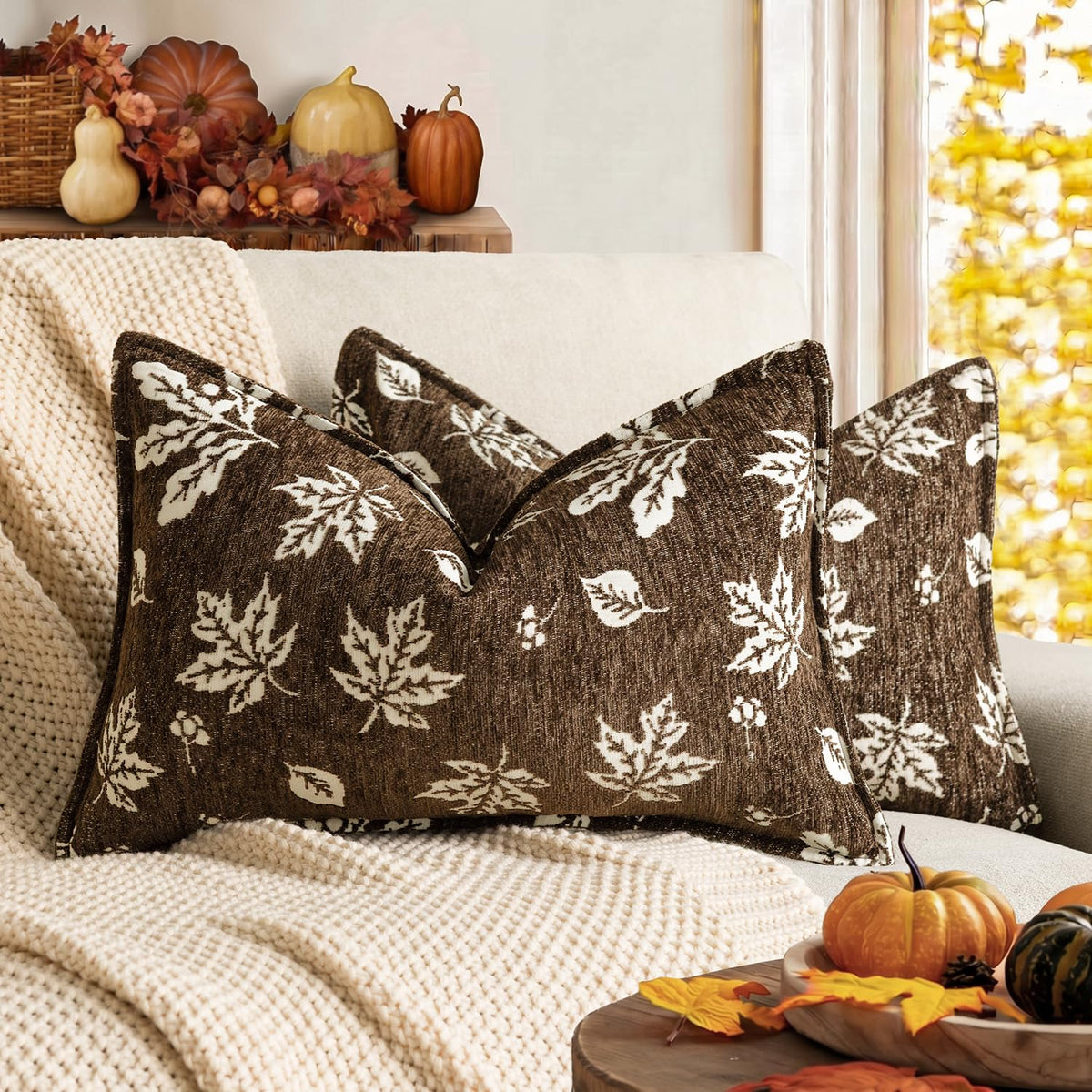 Foindtower Decorative Fall Chenille Throw Pillow Covers 18×18 Dark Brown