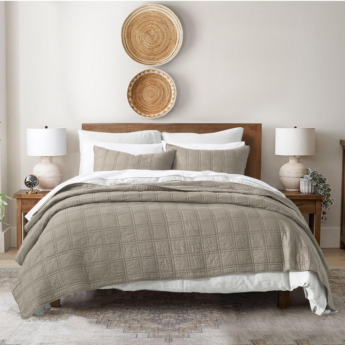 HORIMOTE HOME 100% Cotton Quilt Set Twin Size, White Pre-Washed 2-Piece Bedspread Coverlet Set, Cozy Lightweight Stitching Decorative Bedding Cover with 1 Shams in Geometric Pattern for All Season
