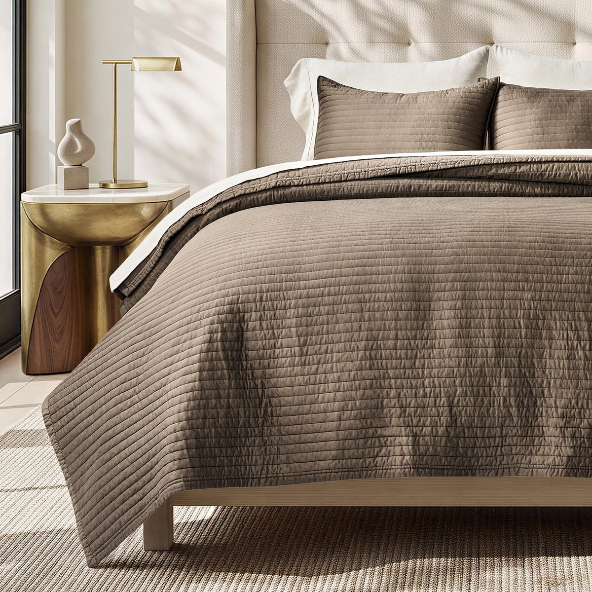 EVERGRACEHOME Cotton Sateen Quilt Set, King Size, Olive Green