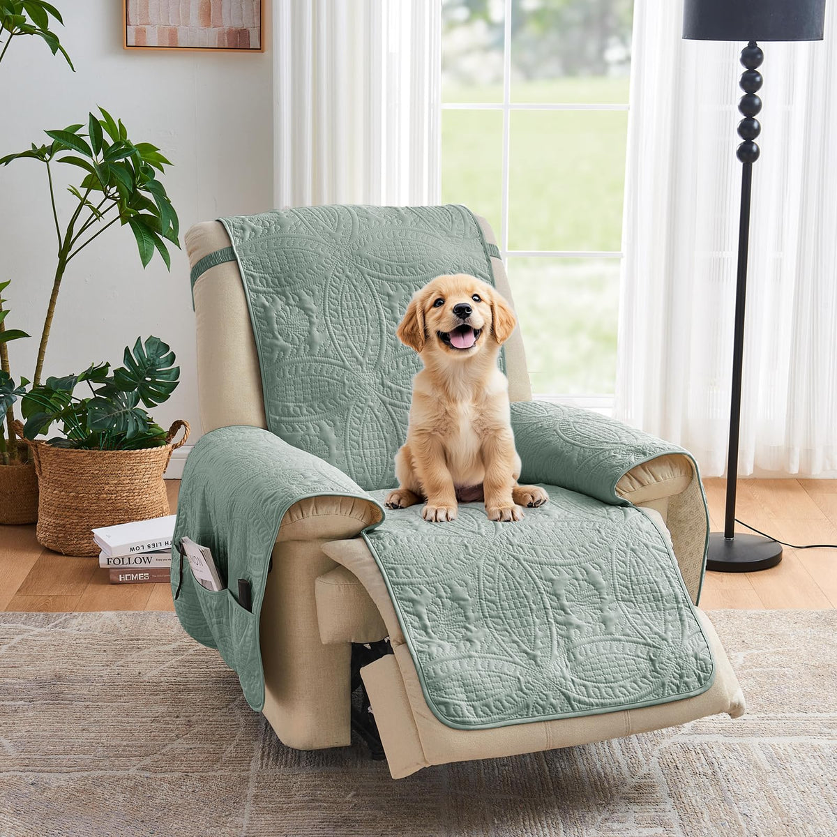 Soft Quilted Couch Cover with Pockets for Extra-Large Sofa, Anti-Slip Sofa Covers Washable for 3 Cushion Pet Friendly Medallion Oversized Sofa Cover Water-Repellent (X-Large Sofa 78", Ivory White)