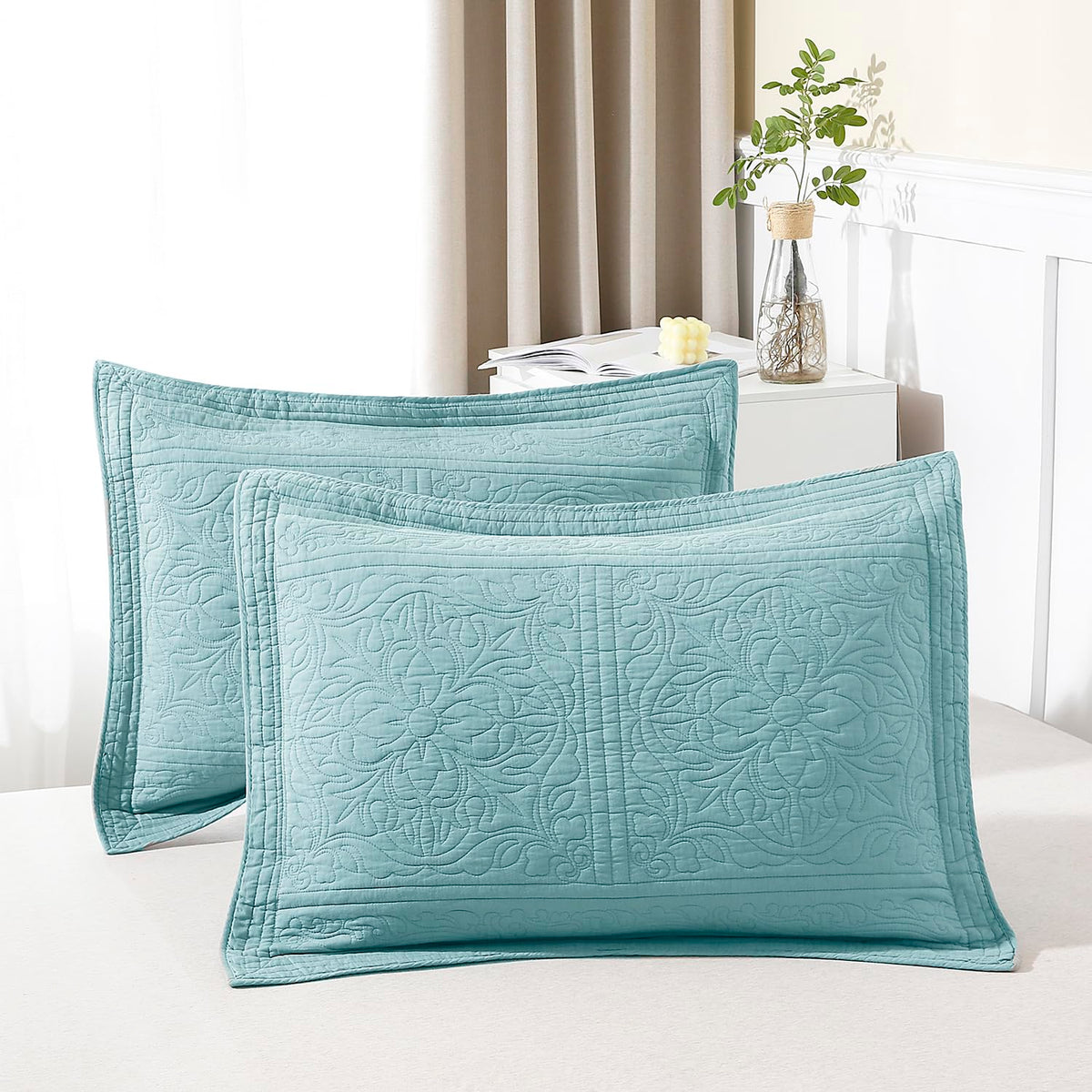 WINLIFE 100% Cotton Quilted Pillow Sham Floral Printed Pillow Cover Sage Green, Standard Size, 20 x 26 Inch
