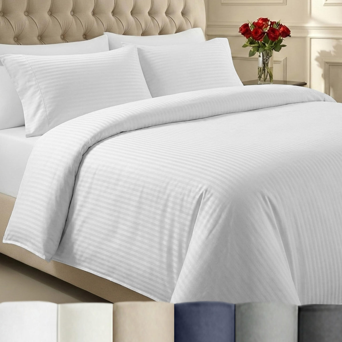California Design Den Luxury Duvet Cover Set King, Striped White