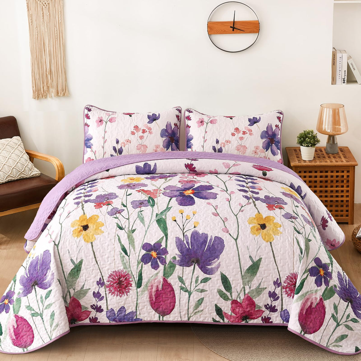 Anibedding Floral Quilt Set King, 3 Pieces Yellow Lightweight Bedspread