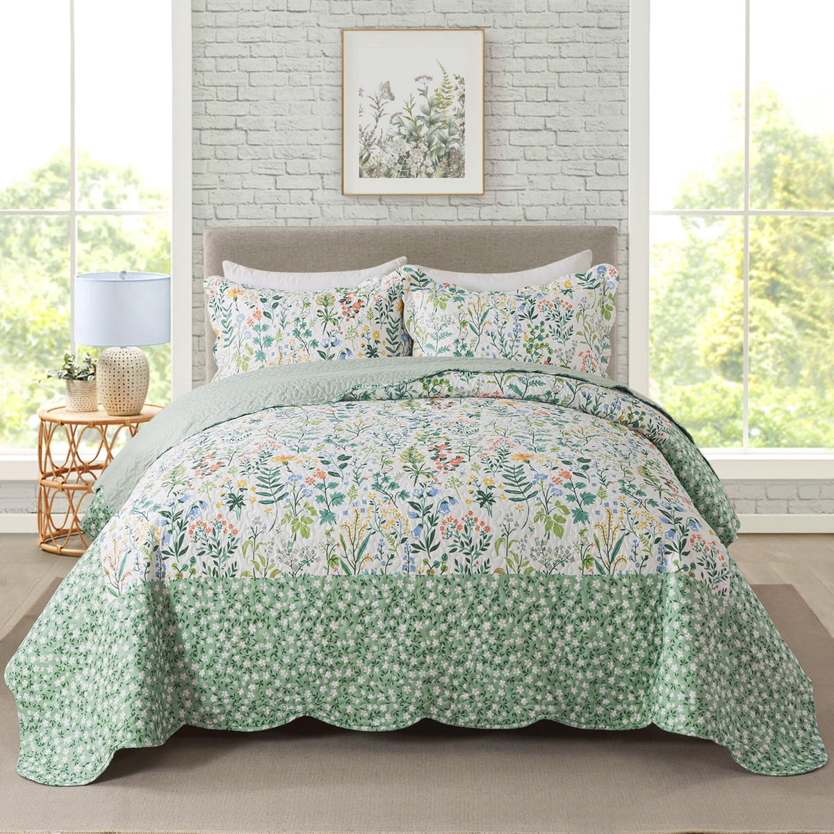 Travan 3-Piece Quilt Set Quilted Bedspread Lightweight Coverlet Set Garden Style Floral Printed Oversized Quilted Bedding Set with Shams for All Season, Exquisite, King Size
