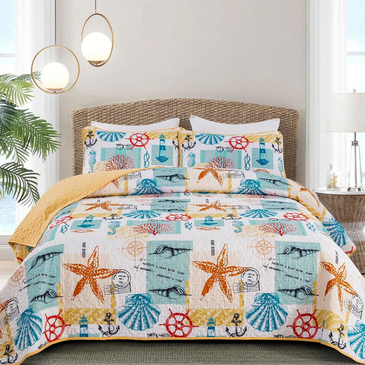 DJY Ocean Coastal Quilt Queen Size, 3 Pcs Sea Turtle Theme Bedspread Set