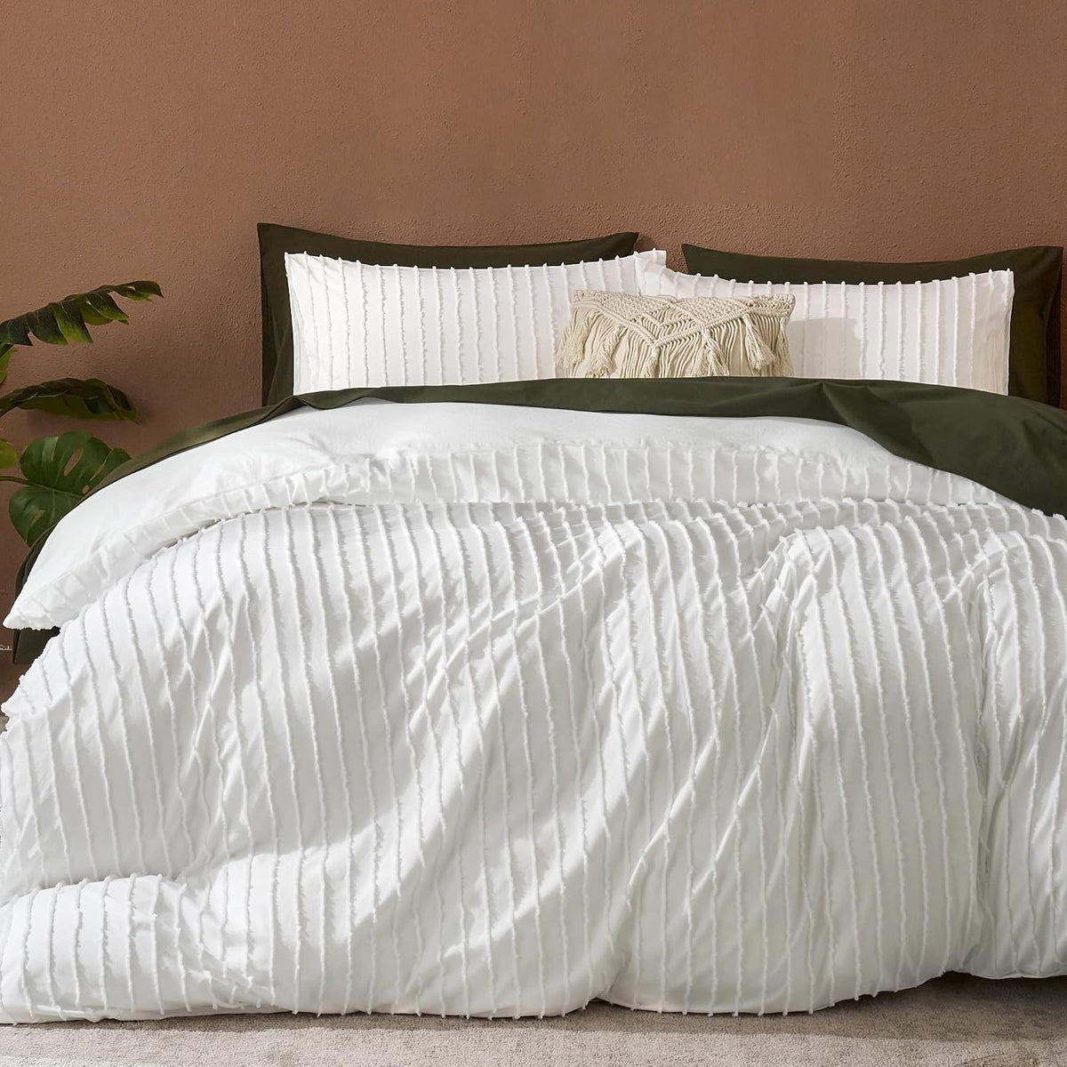 JELLYMONI White Striped Tufted Duvet Cover Set Queen Size