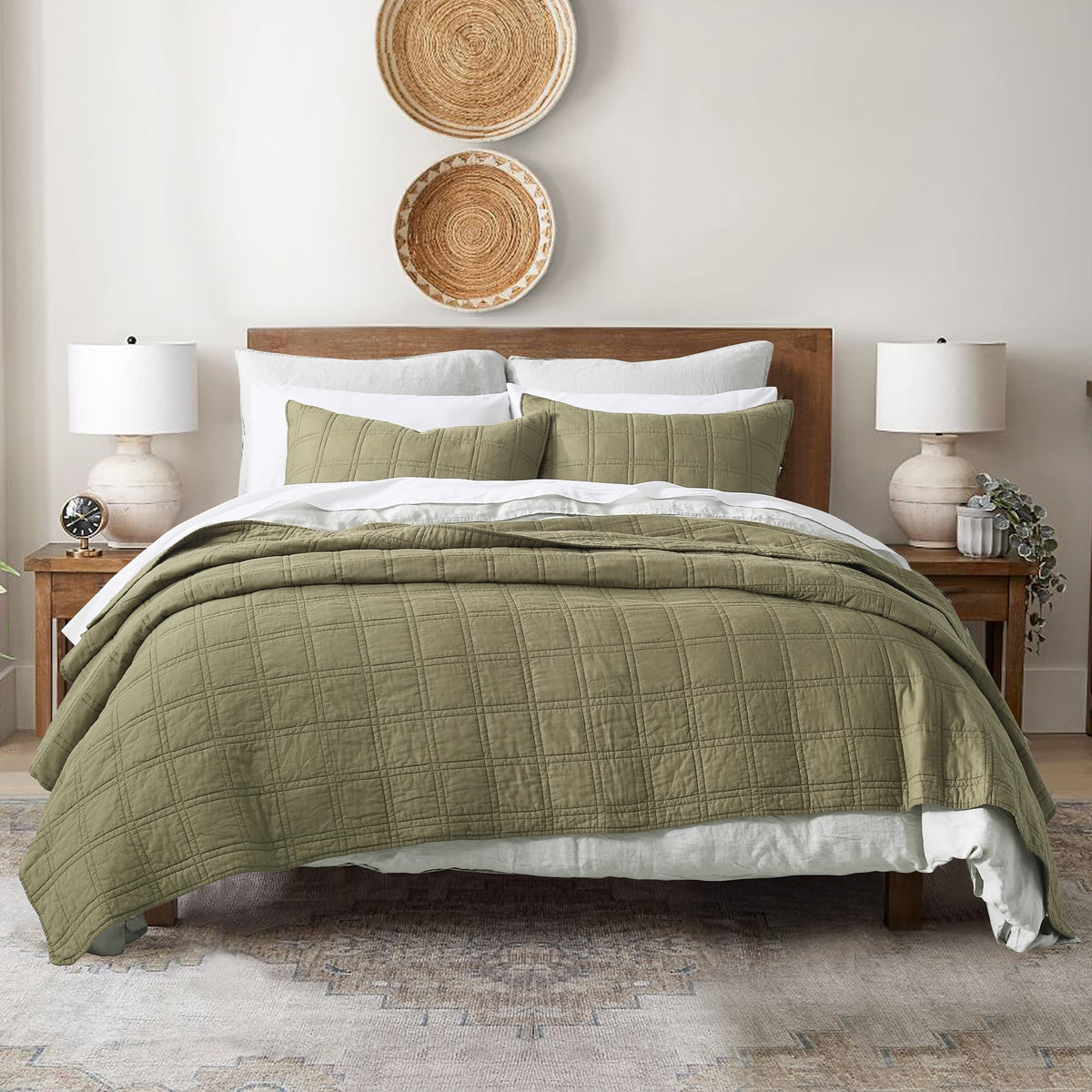 HORIMOTE HOME 100% Cotton Quilt Set Twin Size, White Pre-Washed 2-Piece Bedspread Coverlet Set, Cozy Lightweight Stitching Decorative Bedding Cover with 1 Shams in Geometric Pattern for All Season