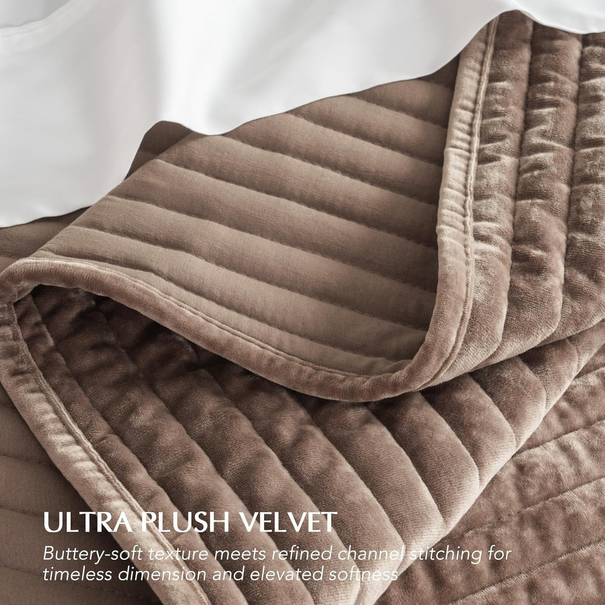 EverGrace Stripe Channel Luxury Velvet Quilt Set King Size, Mocha Brown