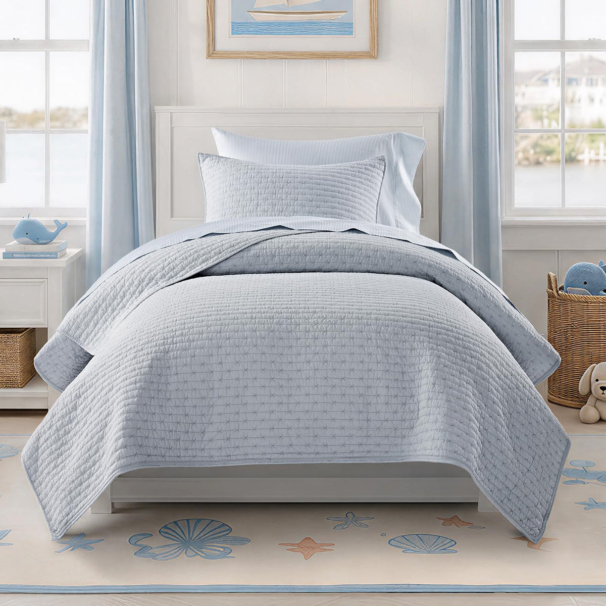 EverGrace 100% Cotton Cross Stitch 3-Piece Quilt, 118"x106", Bright White