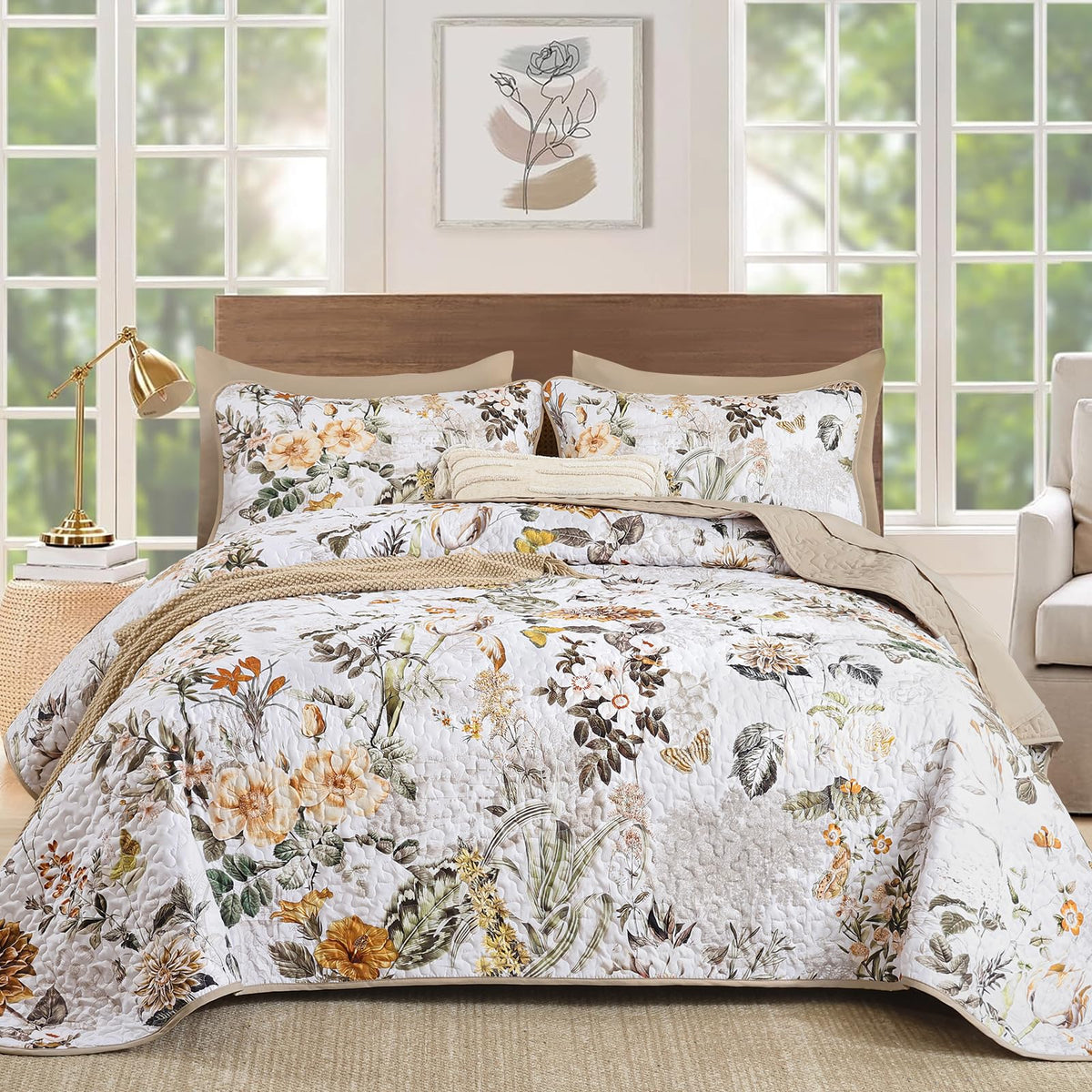 Anibedding Sage Green King Quilt Sets,3 Piece Floral Farmhouse Botanical Lightweight Bedspread Coverlet with 2 Shams Microfiber Spring Summer Bedding Set for All Season(110"x90")