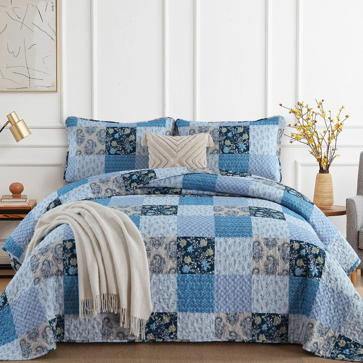 Xruibed Patchwork Quilt Set King Size, 3 Pcs Green Plaid Bedspread Set
