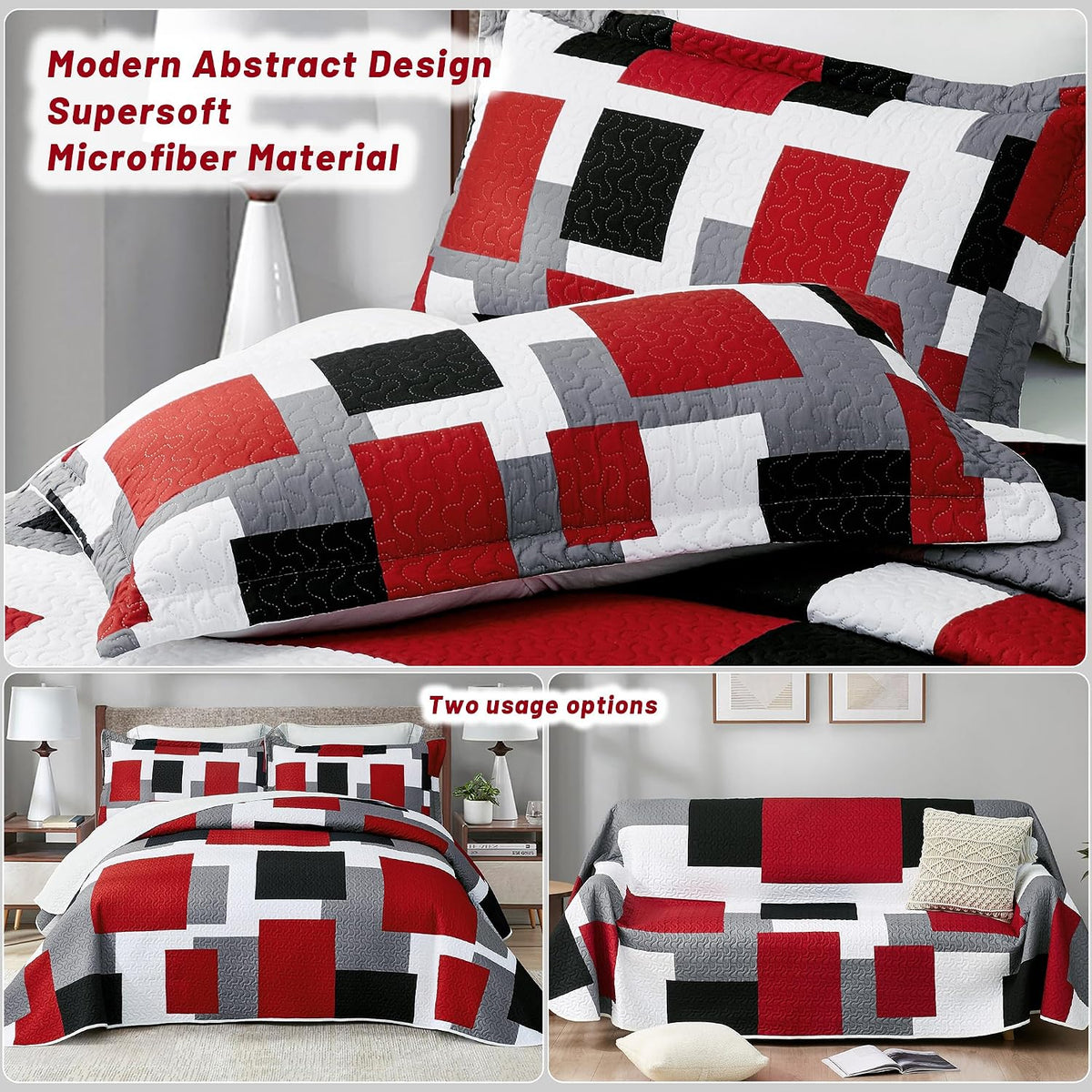 Tyrot 3 Piece Red Black Grey Quilts King Size Red White Gray Bedding Set