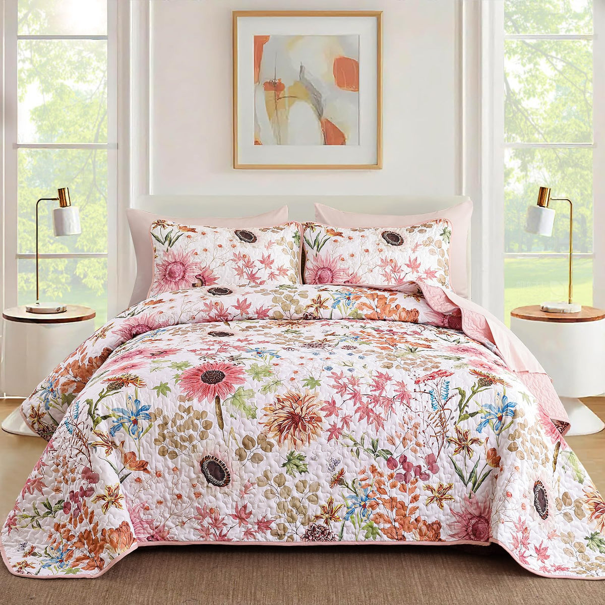 Yiran Beige Floral Quilt King Size, Sunflower Bedspreads Bedding Set