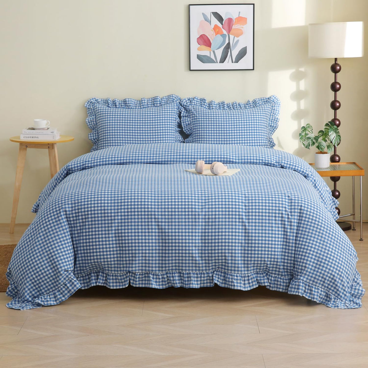 Silnuo Light Blue/White Gingham Plaid Ruffle Duvet Cover Set King Size