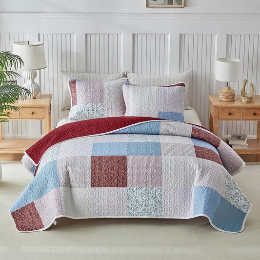 Joyreap 2pcs Floral Quilt Set Twin, Burgundy Red Botanical Patchwork Grid Design, Lightweight Cozy Bedspread Coverlet for All Season- 68x88 inches