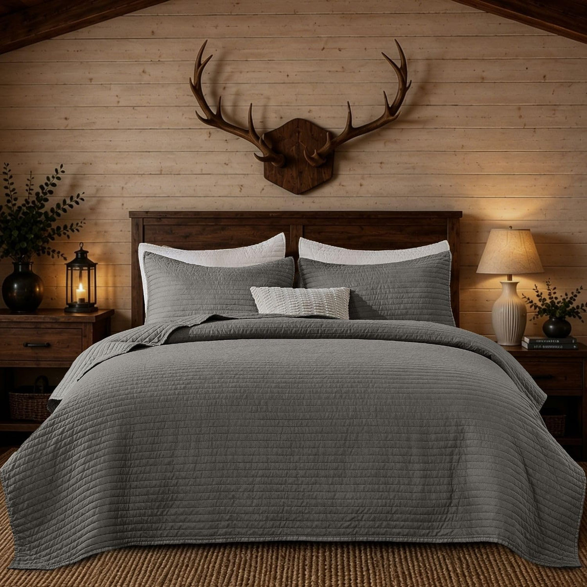 DOWN HOME King Quilt Bedding Set with Shams, Vintage Washed Quilted Blanket Thin Comforter Lightweight Bedspread Coverlet Bed Cover, Brushed Microfiber Stripe Stitching, Sandstone Brown, 104"x90"