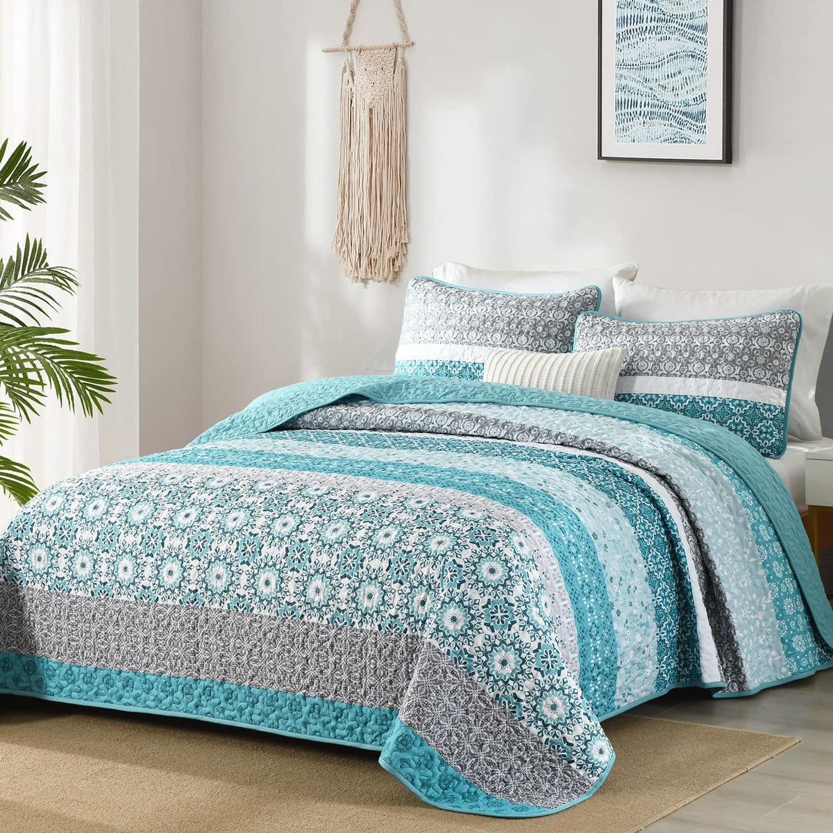 WONGS BEDDING Boho Quilt Set Queen，3 Pcs Yellow Floral Striped Bedspread