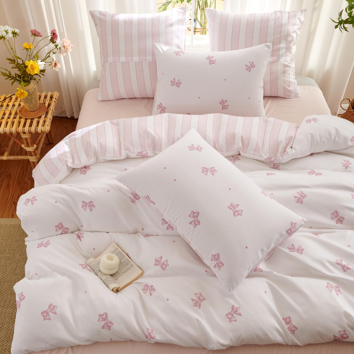 Bow Duvet Cover Twin Pink White Bow Striped Reversible Bedding Set
