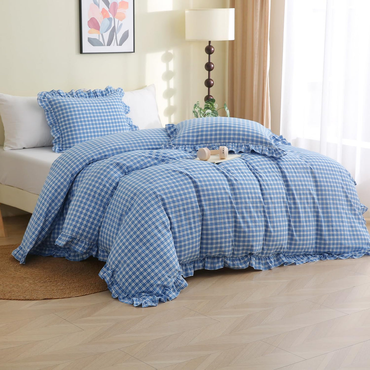 Silnuo Light Blue/White Gingham Plaid Ruffle Duvet Cover Set King Size