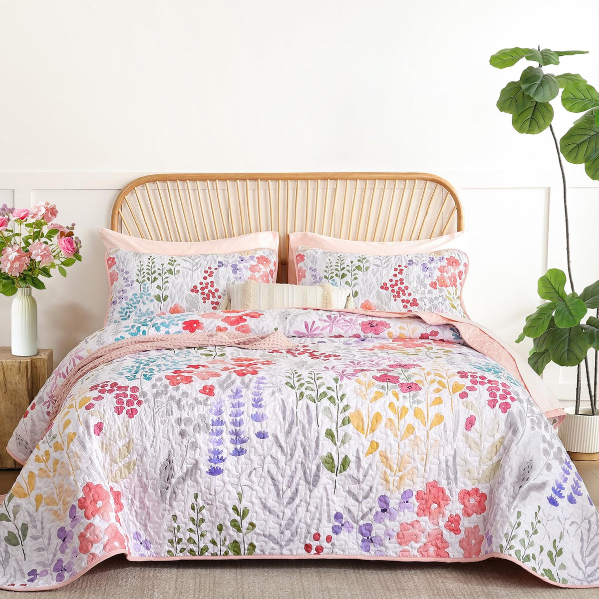 Xruibed Floral Quilt Sets King Size, 3 Pcs Soft Black Bedspread Bedding Set