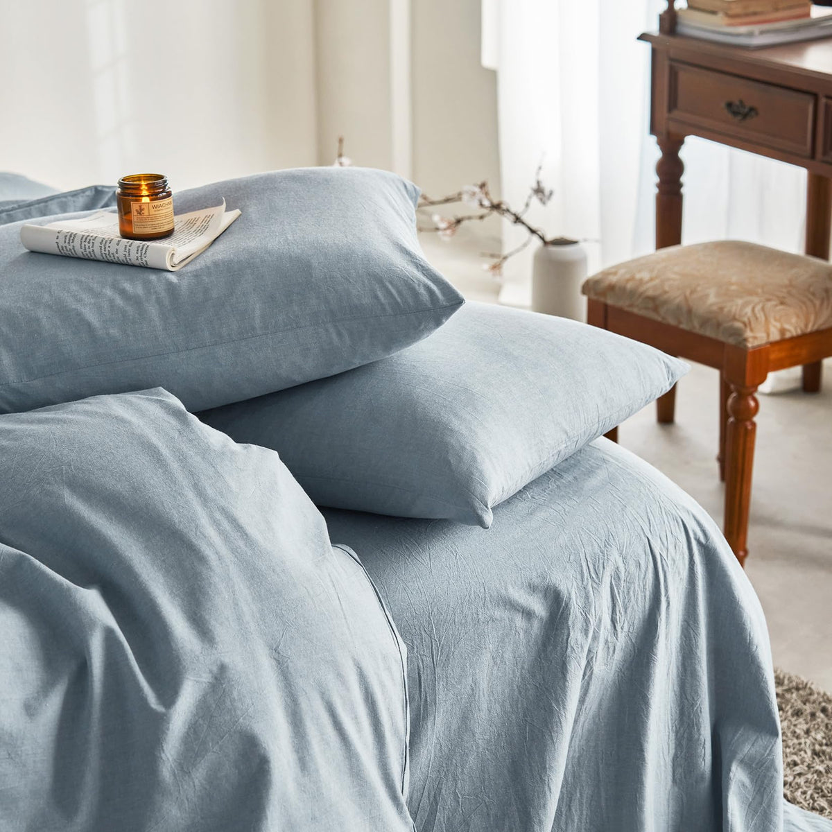 Wake In Cloud - Cotton Duvet Cover Set, 100% Washed Cotton, Linen Like Textured, Breathable Durable Comfy Farmhouse Neutral Bedding Set, 3 Pieces, Light Denim Blue, Twin/Twin XL Size