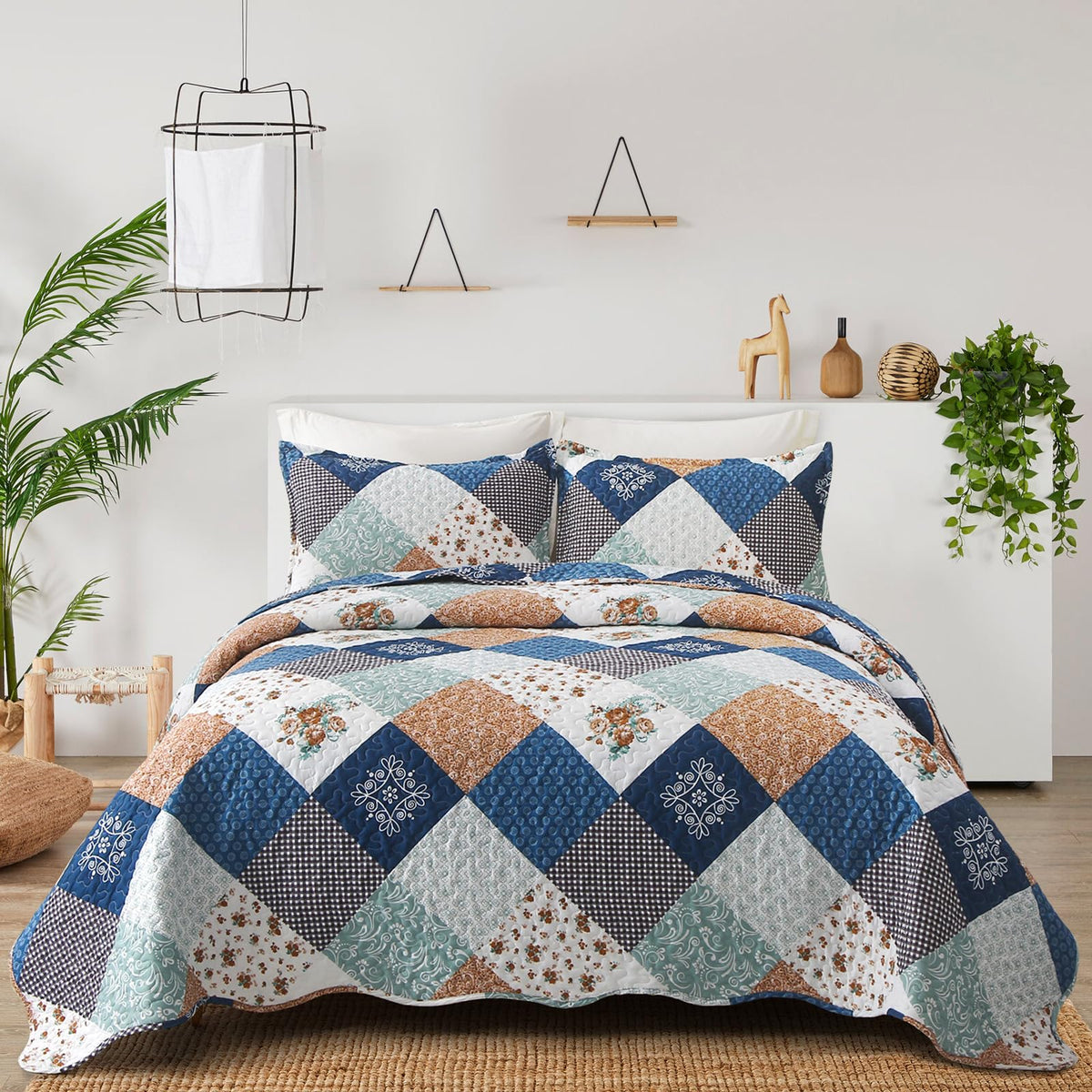 Dinjoy Boho Quilt Set Full Size, Patchwork Floral Bedspreads, Purple