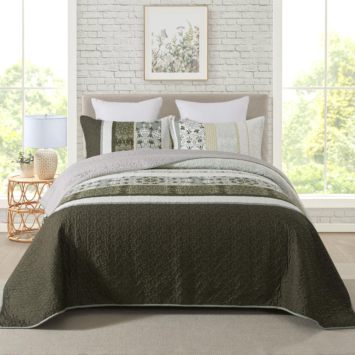 Travan 3-Piece Quilt Set Quilted Bedspread Lightweight Coverlet Set Garden Style Floral Printed Oversized Quilted Bedding Set with Shams for All Season, Exquisite, King Size
