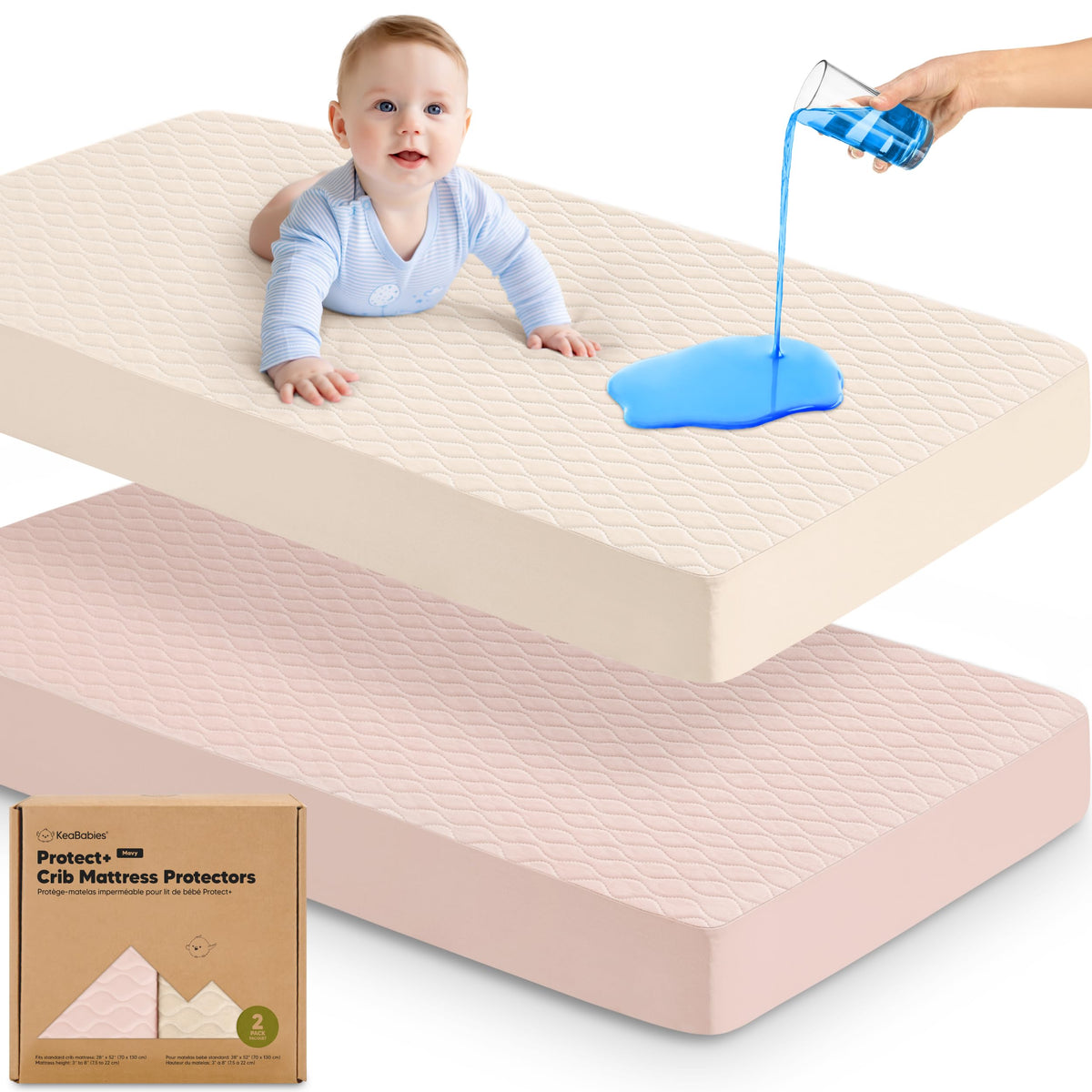 2pk Waterproof Crib Mattress Protector Cover Fitted 52x28 (Soft White/Mavy)