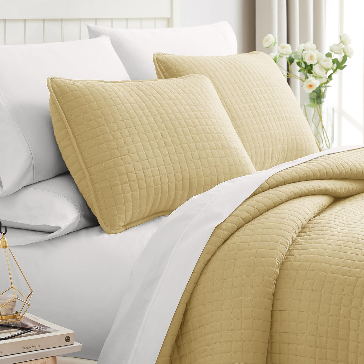 Queen Quilt Bedding Set with 2 Matching Quilted Pillow Shams, Natural Beige