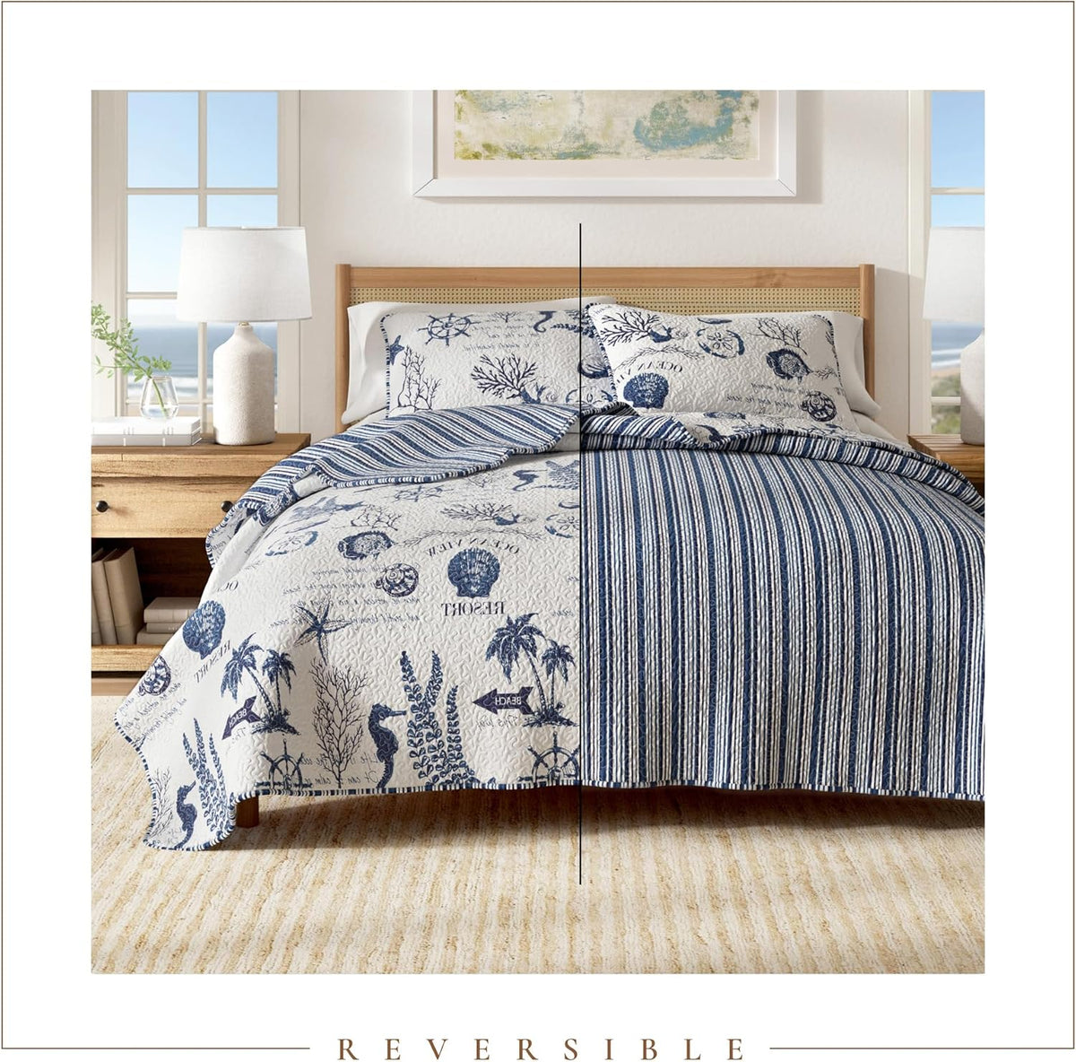 Great Bay Home Twin/Twin XL Coastal Bedding Set, Summer Coastal Quilt with Sham, Beach 2-Piece Reversible All Season Bedspread Quilt Set. Lightweight Nautical Quilted Coverlet. Navy