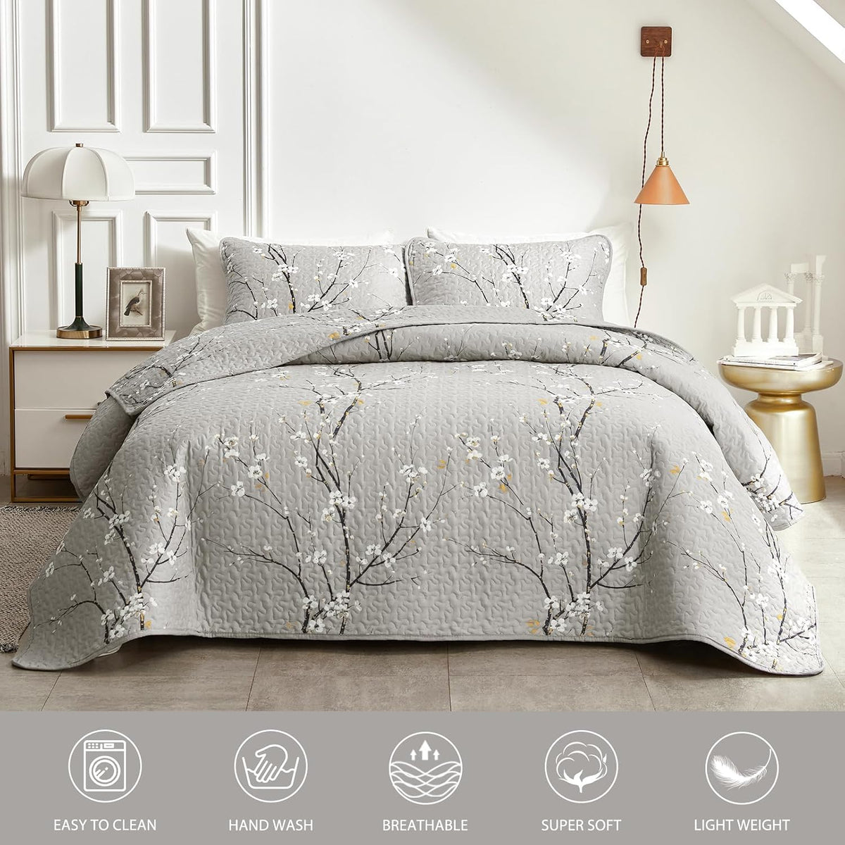 3 Piece Reversible Quilt Set Gray Branch with White Orange Floral King Size 102x88 Soft Microfiber Lightweight Coverlet Bedspread Summer Comforter Set Bed Cover for All Season (1 Quilt+ 2 Shams)