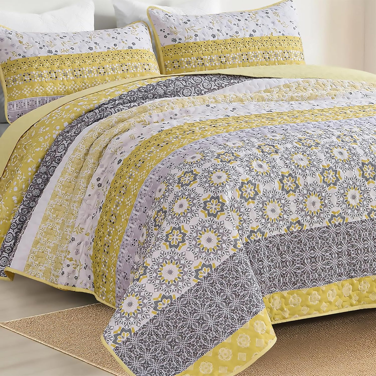 WONGS BEDDING Boho Quilt Set Queen，3 Pcs Yellow Floral Striped Bedspread