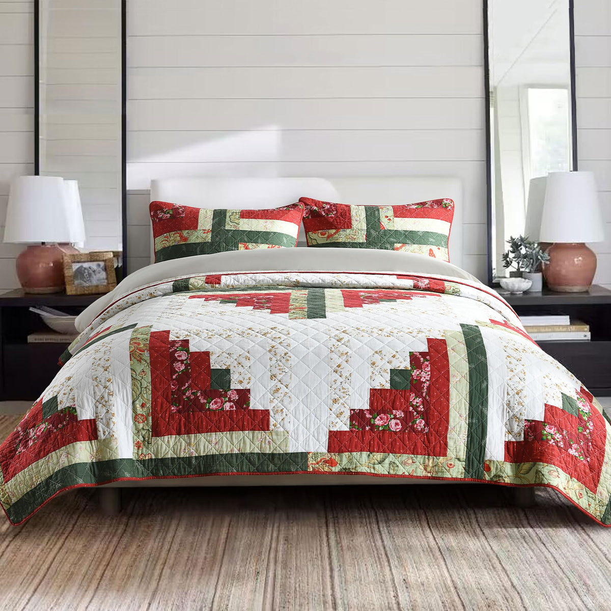 Secgo California King Quilt Size - 100% Cotton Oversized California Comforter Set Green Bedding Sets (120 * 110 Inch) with 2 Pillow Shams, Patchwork Reversible Lightweight Bedspread