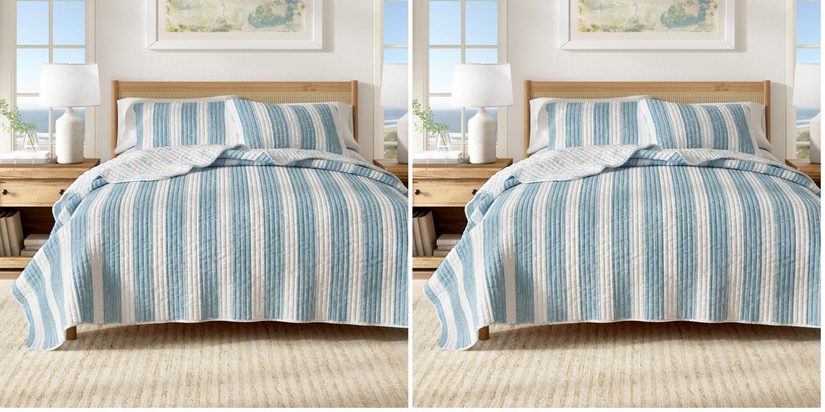 Great Bay Home Full/Queen Coastal Quilt Bedding Set, Summer Coastal Quilt with Shams, Beach 3-Piece Reversible All Season Bedspread Quilt Set. Lightweight Nautical Quilted Coverlet. Blue.