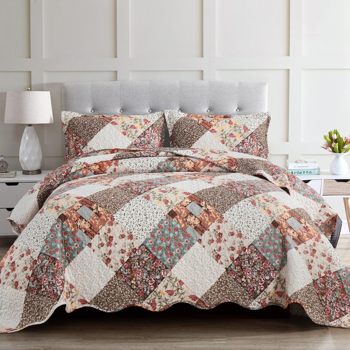 Dinjoy Boho Quilt Set Full Size, Patchwork Floral Bedspreads, Purple
